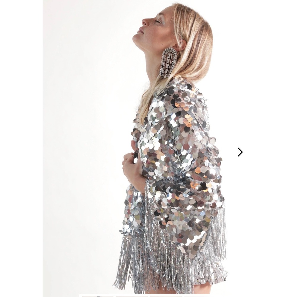 EastnWest Dripping in Disco Sequin Fringe Jacket Womens OS Silver Shimmer Rave